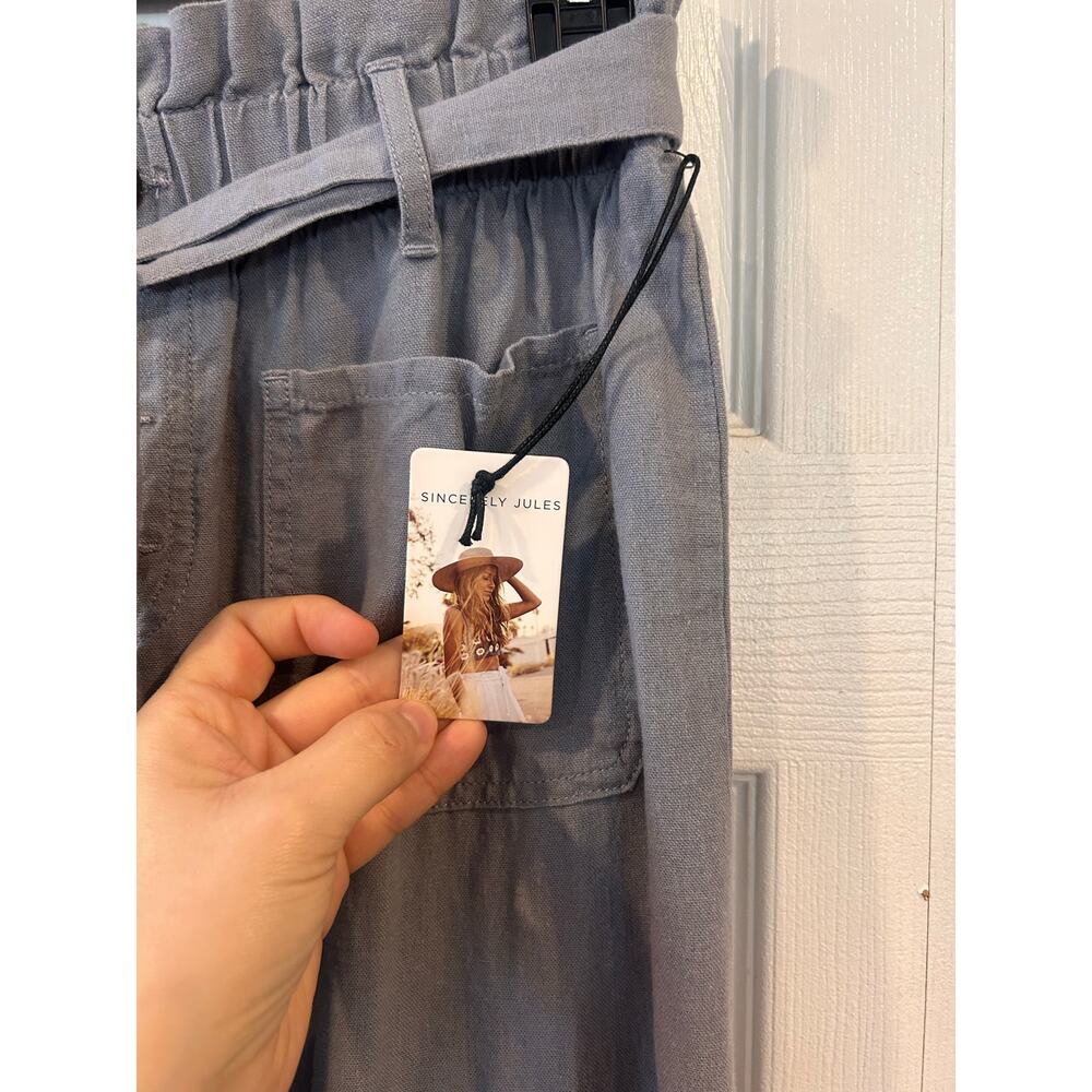 Sincerely Jules Belted Wide Leg Gray Pants Linen Blend Size Large NWT - Picture 4 of 7